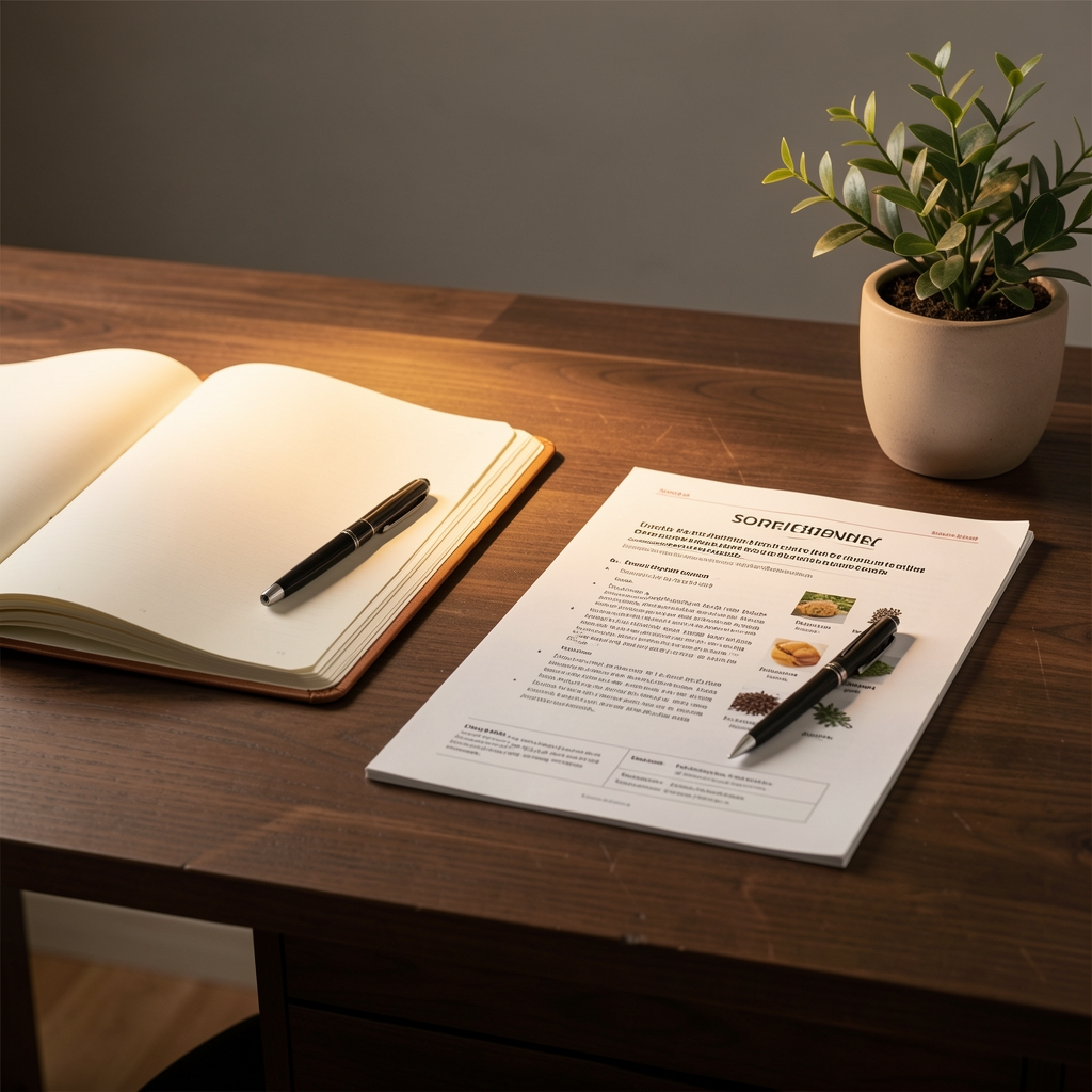 Editorial workspace with open notebooks, a printed ingredient sourcing reference, and a small plant on a dark oak desk under warm studio lighting