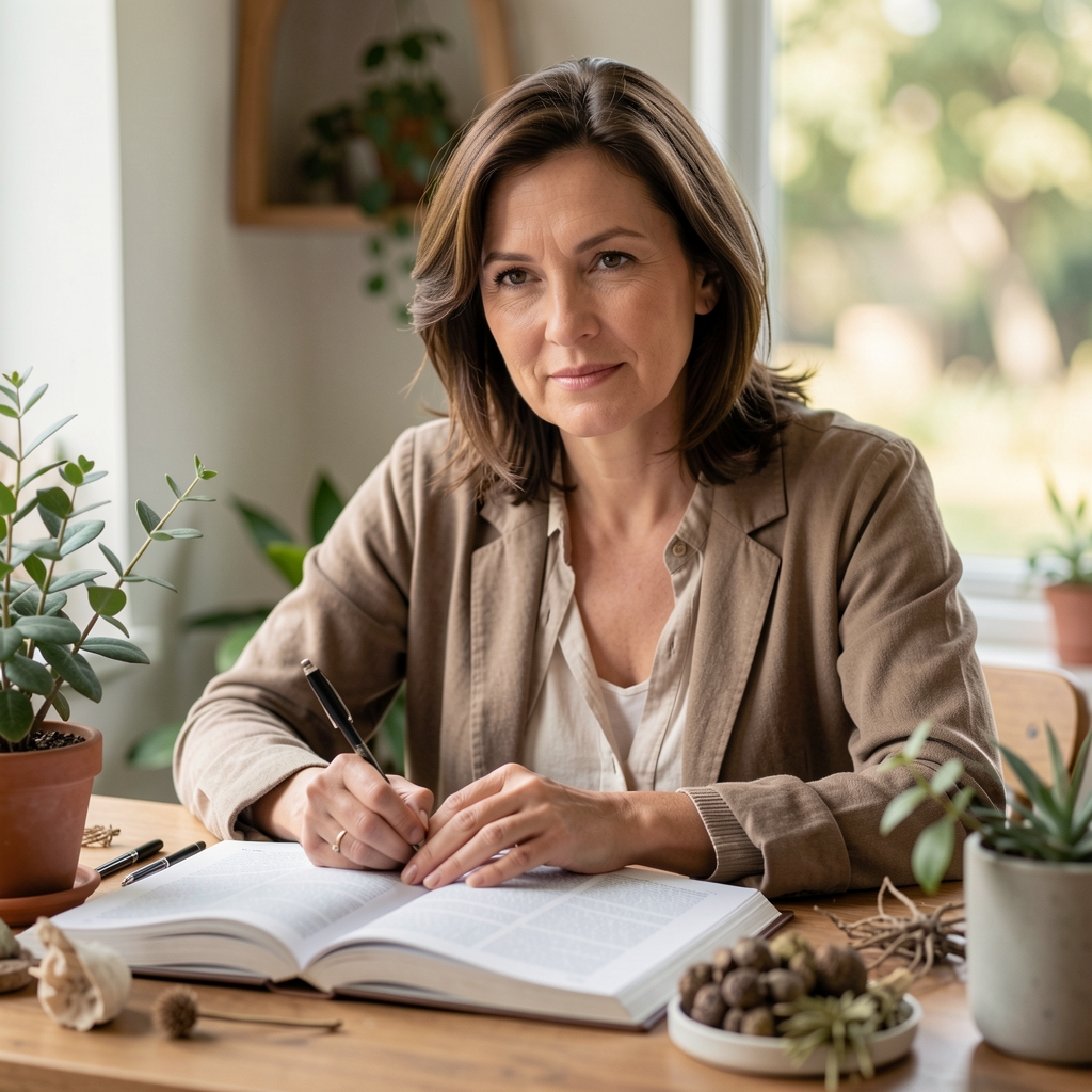 Natural light portrait of a woman in her early forties at a writing desk, surrounded by open reference journals and plant specimens, calm focused expression