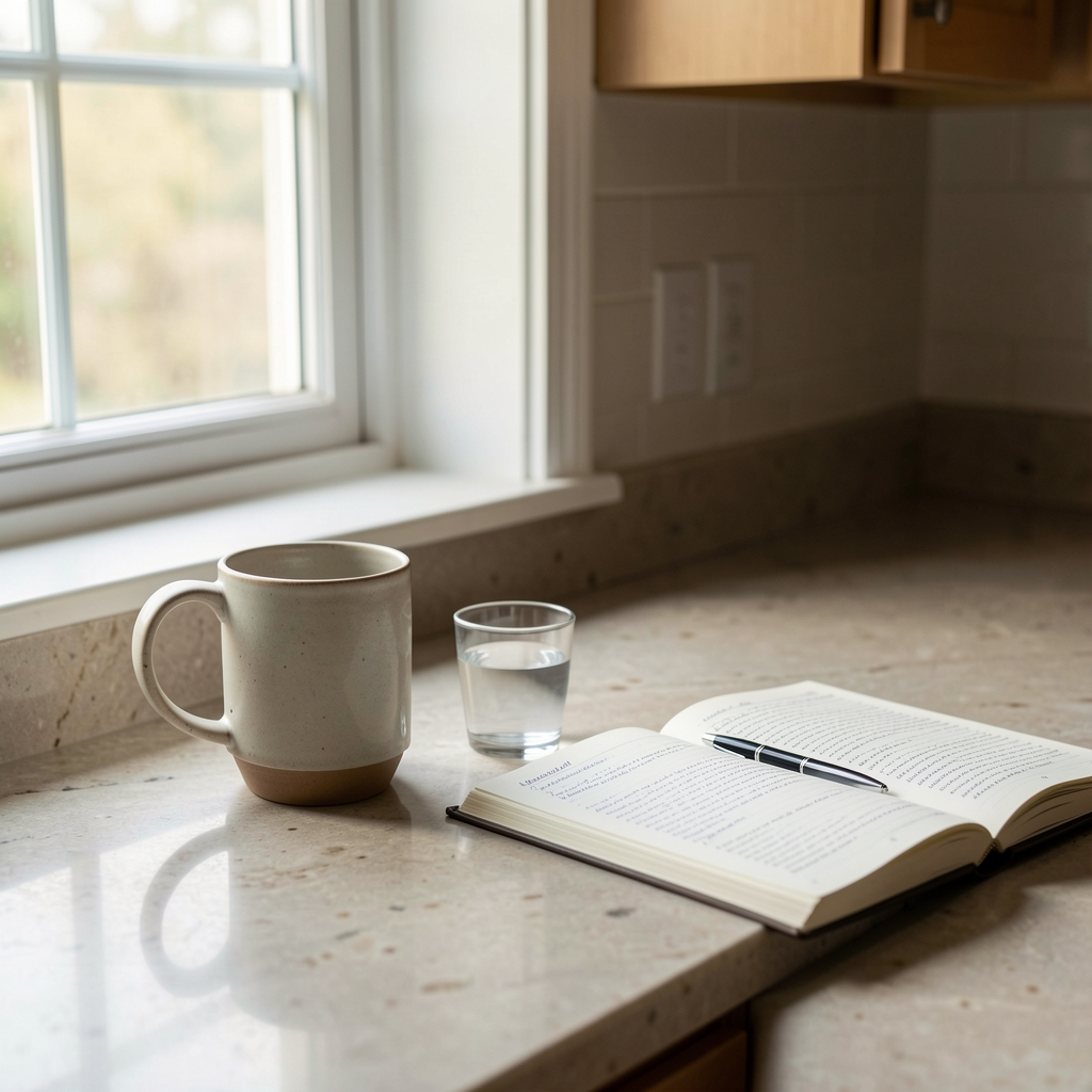 Early morning kitchen countertop with a ceramic mug, small glass of water, and an open supplement reference notebook beside a window with soft daylight