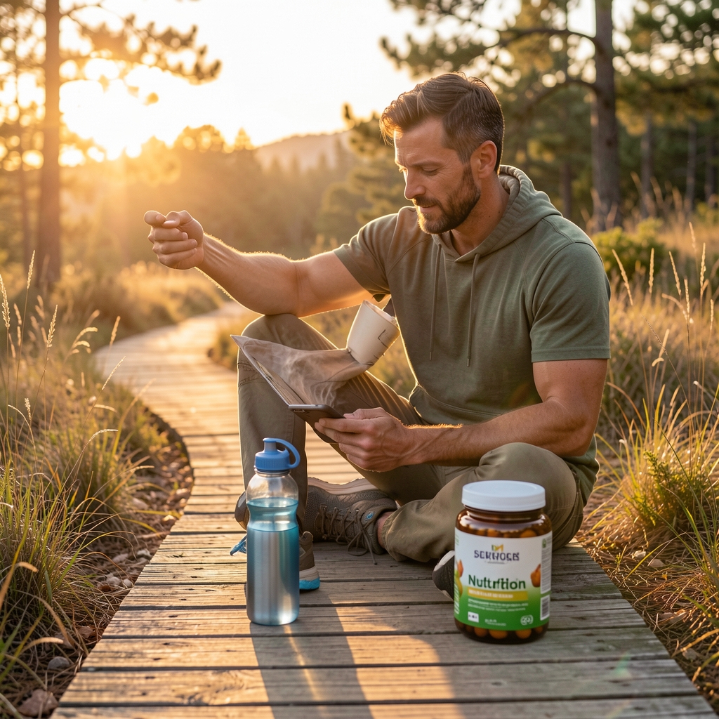 Active man outdoors at sunrise reviewing his daily nutrition routine on a wooden trail with water bottle and natural supplement pack