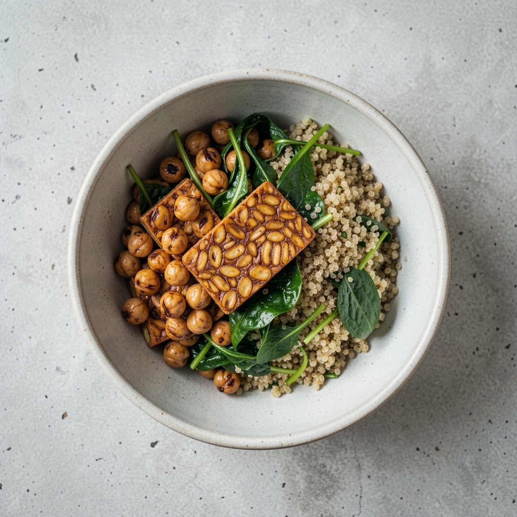 Ceramic bowl containing a structured meal of tempeh, roasted chickpeas, leafy greens and quinoa photographed from above on a light concrete surface